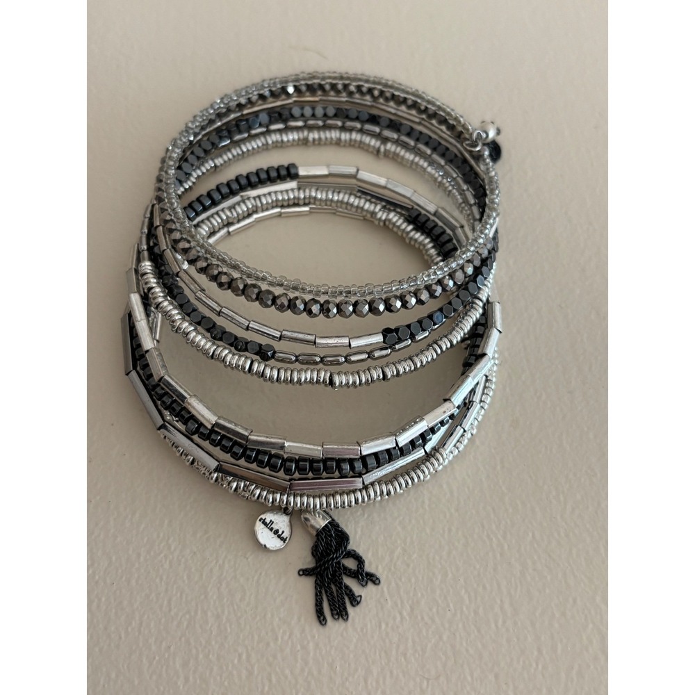 Stella amd Dot Charm Bracelet Set Silver Tones Black Beads Stretchy Bangle
